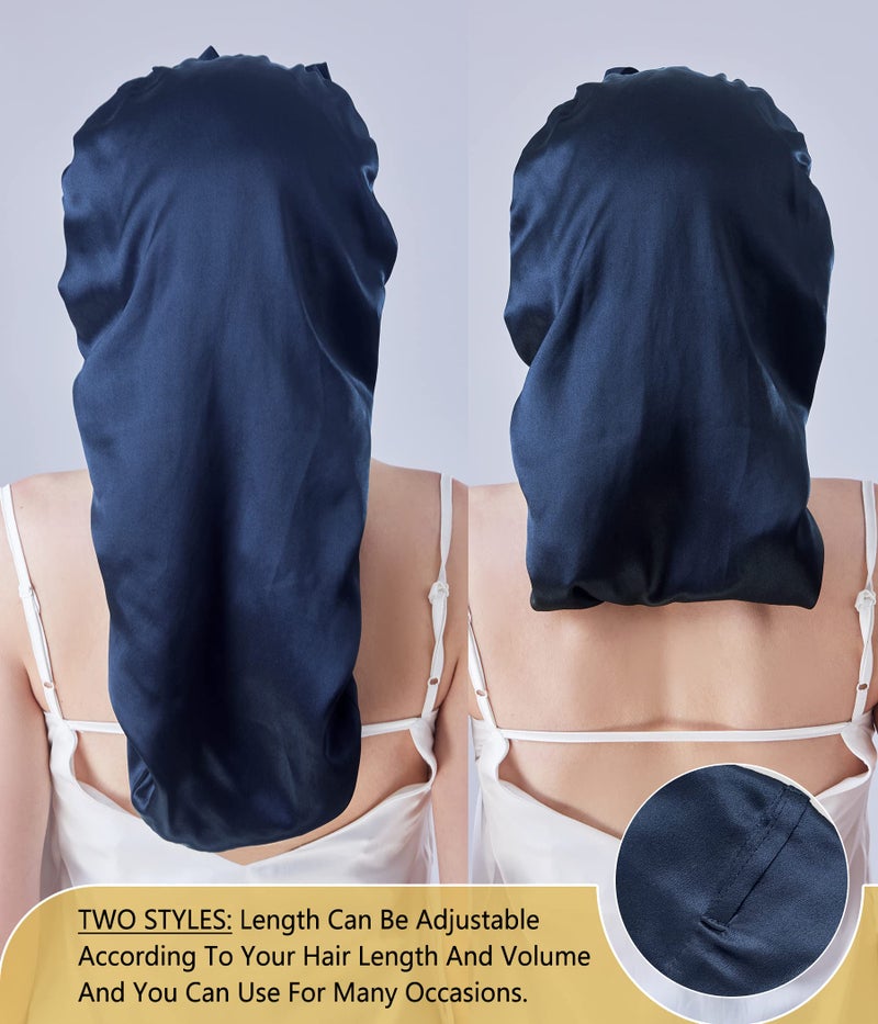 Cocheng Mulberry Silk Bonnet for Sleeping Long Silk Bonnet for Curly Hair Braids Bonnet for Women Silk Bonnet with Tie Band Blue - Image 3